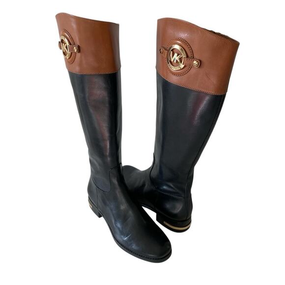 Michael Kors Two Tone Leather Tall Riding Boots Gold Logo Size 8 - Picture 1 of 16